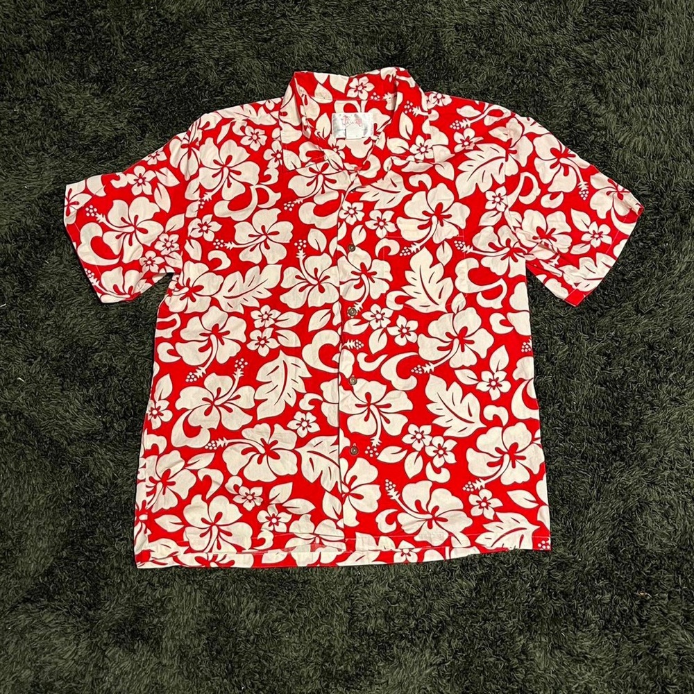 Red and White Hawaiian Button Up Shirt